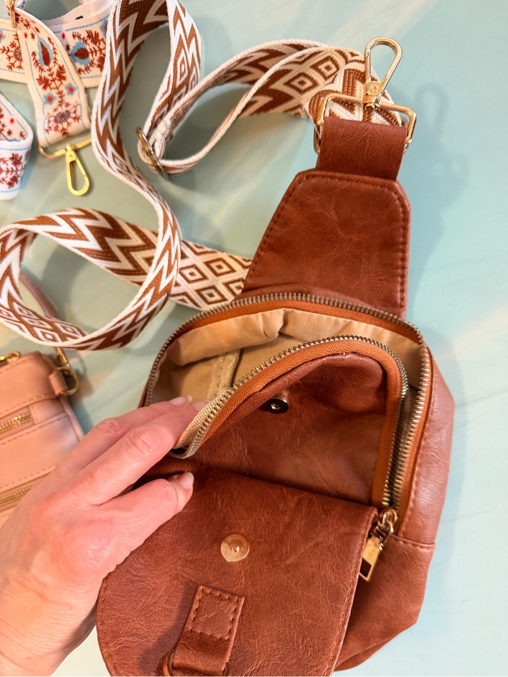 2 NEW Crossbody Pink & Brown Bag / Purses ⭐️Bonus extra Strap - Picture 2 of 5